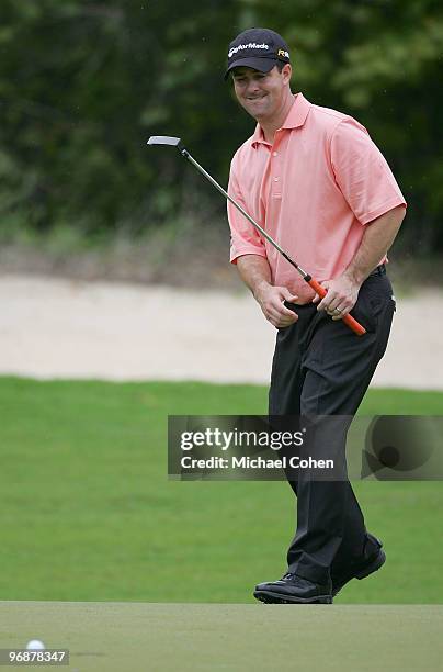 Charles Warren reacts as his putt goes wide of the hole during the second round of the Mayakoba Golf Classic at El Camaleon Golf Club held on...