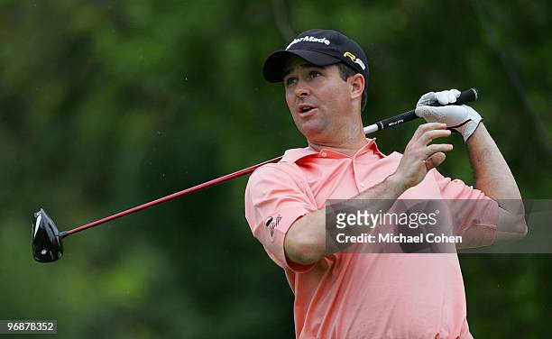 Charles Warren reacts to his errant drive during the second round of the Mayakoba Golf Classic at El Camaleon Golf Club held on February 19, 2010 in...