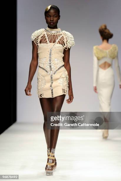 Model walks down the catwalk during the Sass & Bide fashion show during London Fashion Week at the BFC Show Space at Somerset House on February 19,...