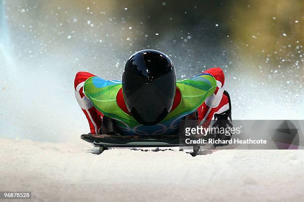 Amy Gough of Canada competes in the women's skeleton third heat on day 8 of the 2010 Vancouver Winter Olympics at the Whistler Sliding Centre on...