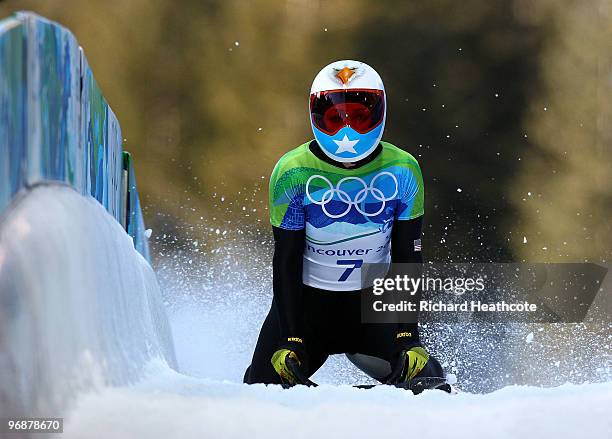 Katie Uhlaender of the United States competes in the women's skeleton third heat on day 8 of the 2010 Vancouver Winter Olympics at the Whistler...