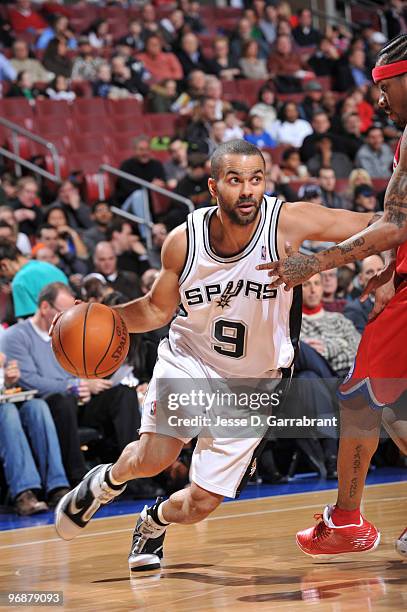 Tony Parker of the San Antonio Spurs drives against the Philadelphia 76ers during the game on February 19, 2010 at the Wachovia Center in...