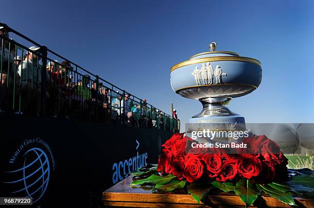 The Walter Hagen Cup trophy is on display on the first tee box during the second round of the World Golf Championships-Accenture Match Play...