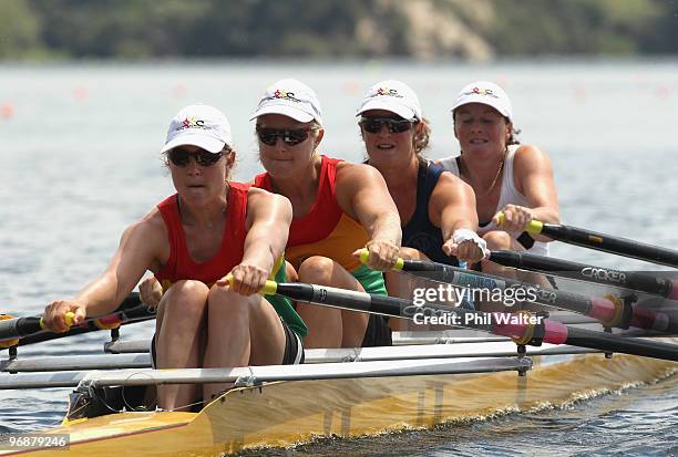 Odette Sceats, Jaime Nielsen, Paula Twining and Harriet Austin of Waikato compete in the final of the Premier Womens Coxless Fours during the New...