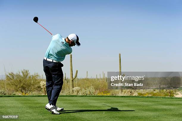 Sergio Garcia of Spain hits from the fifth tee box during the second round of the World Golf Championships-Accenture Match Play Championship at The...