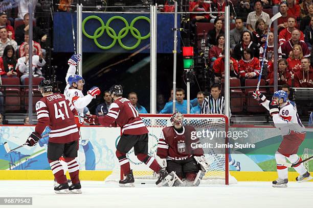 Milan Michalek of Czech Republic celebrates his goal against Latvia during the ice hockey men's preliminary game between Czech Republic and Latvia on...