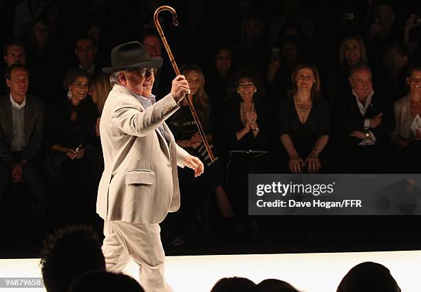 Ronnie Corbett walks down the catwalk at Naomi Campbell's Fashion For Relief Haiti London 2010 Fashion Show at Somerset House on February 18, 2010 in...