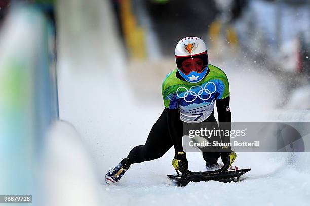 Katie Uhlaender of the United States competes in the women's skeleton fourth heat on day 8 of the 2010 Vancouver Winter Olympics at the Whistler...