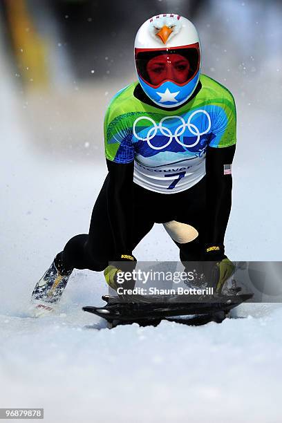 Katie Uhlaender of the United States competes in the women's skeleton fourth heat on day 8 of the 2010 Vancouver Winter Olympics at the Whistler...