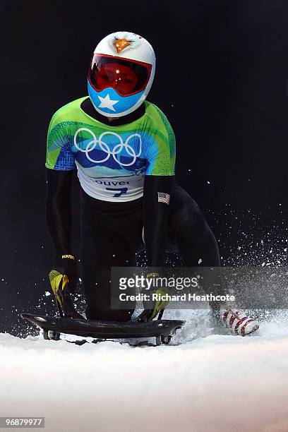 Katie Uhlaender of the United States competes in the women's skeleton fourth heat on day 8 of the 2010 Vancouver Winter Olympics at the Whistler...