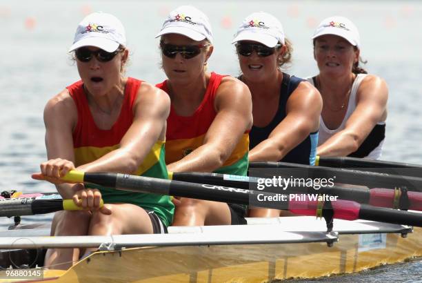 Odette Sceats, Jaime Nielsen, Paula Twining and Harriet Austin of Waikato compete in the final of the Premier Womens Coxless Fours during the New...
