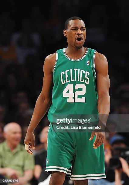 Tony Allen of the Boston Celtics reacts during the game against the Los Angeles Lakers at Staples Center on February 18, 2010 in Los Angeles,...