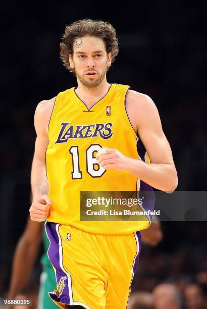 Pau Gasol of the Los Angeles Lakers runs upcourt during the game against the Boston Celtics at Staples Center on February 18, 2010 in Los Angeles,...