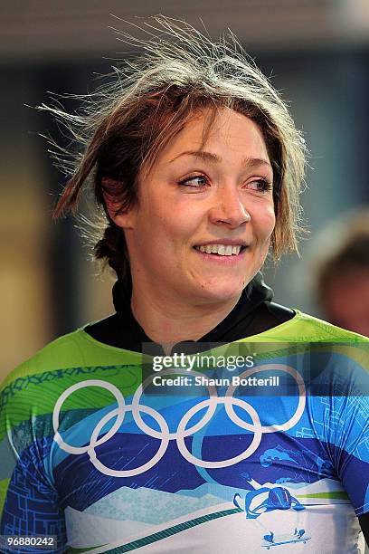 Katie Uhlaender of the United States looks on after she completed her run in the women's skeleton fourth heat on day 8 of the 2010 Vancouver Winter...