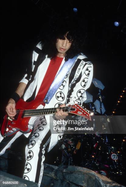 Rock guitarist Bruce Kulick with the rock band KISS performs in Minneapolis, Minnesota in 1988.
