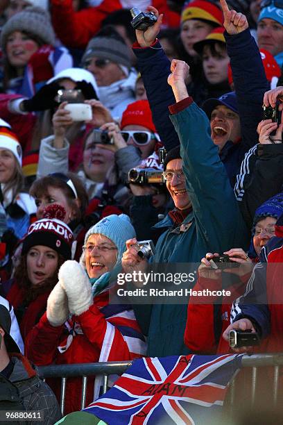 Fans celebrate after Amy Williams of Great Britain and Northern Ireland won the gold medal in the women's skeleton on day 8 of the 2010 Vancouver...