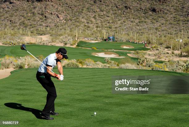 Camilo Villegas of Colombia hits to the 15th green during the third round of the World Golf Championships-Accenture Match Play Championship at The...