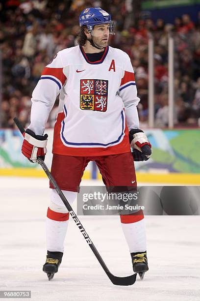 Jaromir Jagr of Czech Republic looks on during the ice hockey men's preliminary game between Czech Republic and Latvia on day 8 of the Vancouver 2010...