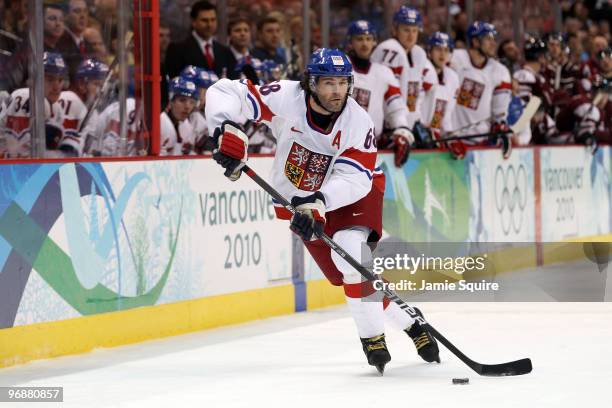 Jaromir Jagr of Czech Republic skates with the puck during the ice hockey men's preliminary game between Czech Republic and Latvia on day 8 of the...