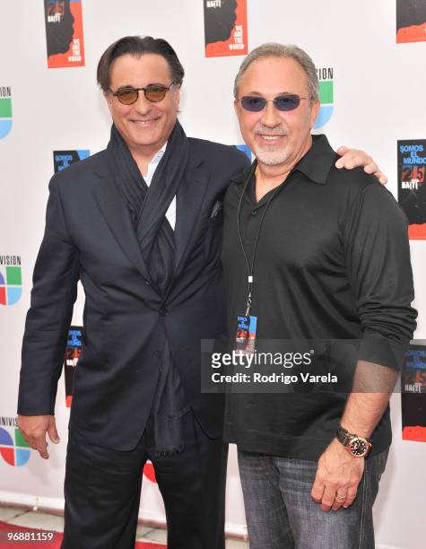 Andy Garcia and Emilio Estefan arrive at recording of "Somos El Mundo" - "We Are The World" by Latin recording artist at American Airlines Arena on...