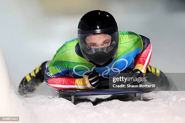 Michi Halilovic of Germany competes in the men's skeleton third heat on day 8 of the 2010 Vancouver Winter Olympics at the Whistler Sliding Centre on...