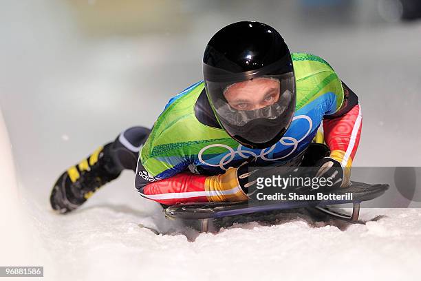 Michi Halilovic of Germany competes in the men's skeleton third heat on day 8 of the 2010 Vancouver Winter Olympics at the Whistler Sliding Centre on...