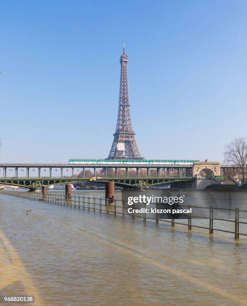 flood in paris with  the seine river and eiffel tower in background during day - paris flood stock pictures, royalty-free photos & images