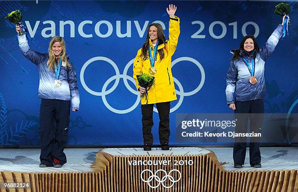 Hannah Teter of United States celebrates winning Silver, Torah Bright of Australia Gold, and Kelly Clark of United States Bronze during the medal...