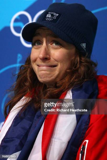 Amy Williams of Great Britain and Northern Ireland is overcome with emotion during a news conference after she won the gold medal in the women's...