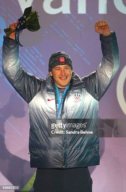 Bode Miller of United States celebrates winning the Silver medal during the medal ceremony for the men's Super-G on day 8 of the Vancouver 2010...