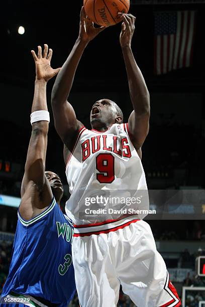 Luol deng of the Chicago Bulls shoots against Damien Wilkins of the Minnesota Timberwolves during the game on February 19, 2010 at the Target Center...