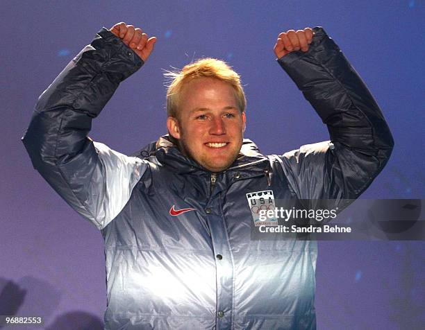 Andrew Weibrecht of United States celebrates winning the bronze medal during the medal ceremony for the men's Super-G on day 8 of the Vancouver 2010...