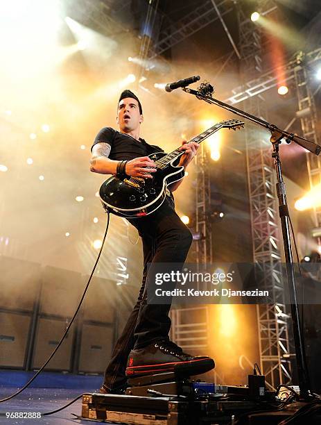 Tyler Connolly of Theory of a Deadman performs during the medal ceremony on day 8 of the Vancouver 2010 Winter Olympics at BC Place on February 19,...