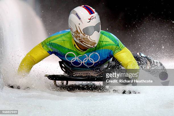 Kazuhiro Koshi of Japan competes in the men's skeleton fourth heat on day 8 of the 2010 Vancouver Winter Olympics at the Whistler Sliding Centre on...