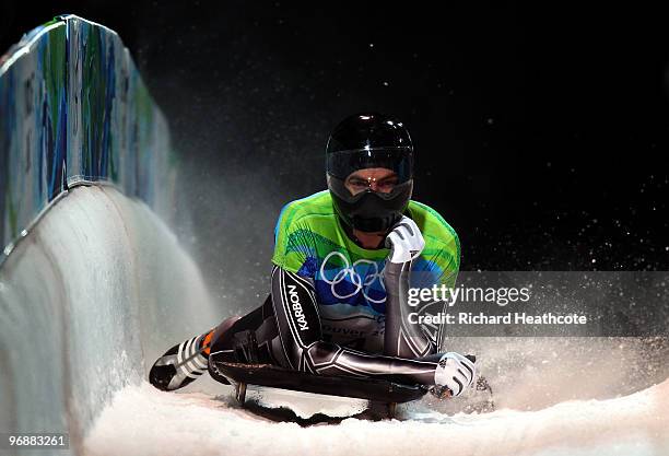 Ben Sandford of New Zealand competes in the men's skeleton fourth heat on day 8 of the 2010 Vancouver Winter Olympics at the Whistler Sliding Centre...