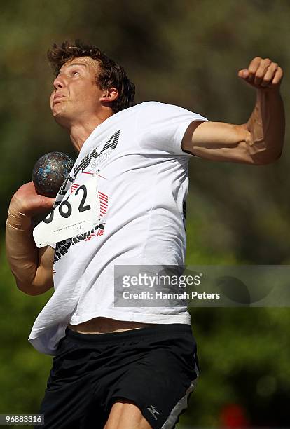 Brent Newdick of North Harbour Bays competes in the Men's Shot Put during the Trans Tasman 21 Athletics Match at Waitakere Stadium on February 20,...