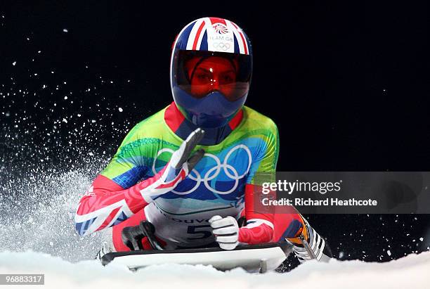 Amy Williams of Great Britain and Northern Ireland competes in the women's skeleton fourth heat on day 8 of the 2010 Vancouver Winter Olympics at the...