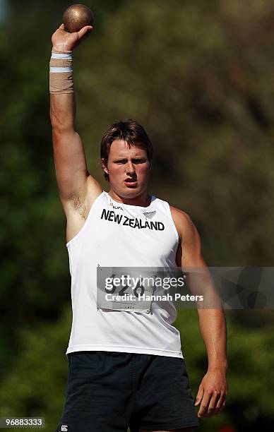 Tomas Walsh of New Zealand competes in the Men's Shot Put during the Trans Tasman 21 Athletics Match at Waitakere Stadium on February 20, 2010 in...