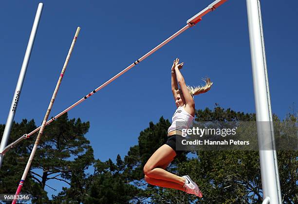 Morgan Williams of New Zealand competes in the Women's Pole vault during the Trans Tasman 21 Athletics Match at Waitakere Stadium on February 20,...