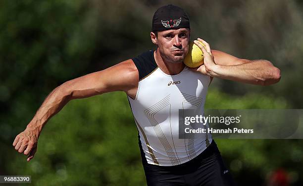 Kieran Fowler of Athletics Taieri competes in the Men's Shot Put during the Trans Tasman 21 Athletics Match at Waitakere Stadium on February 20, 2010...