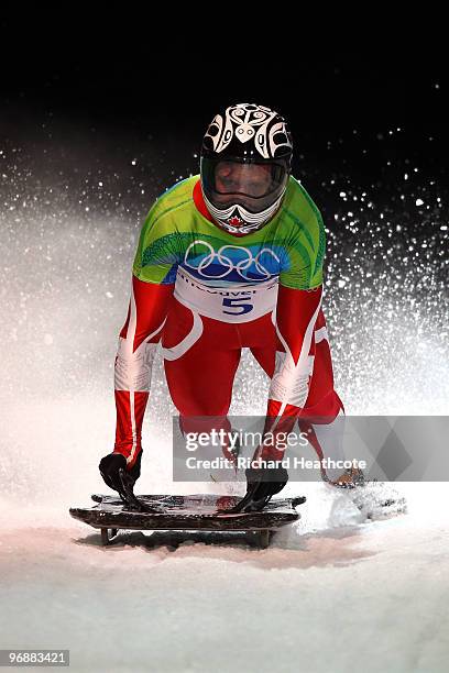 Jon Montgomery of Canada competes in the men's skeleton fourth heat on day 8 of the 2010 Vancouver Winter Olympics at the Whistler Sliding Centre on...