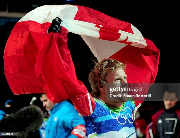 Jon Montgomery of Canada reacts after he won the gold medal in the men's skeleton on day 8 of the 2010 Vancouver Winter Olympics at the Whistler...