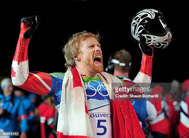 Jon Montgomery of Canada reacts after he won the gold medal in the men's skeleton on day 8 of the 2010 Vancouver Winter Olympics at the Whistler...