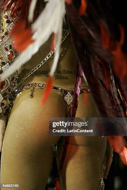 Tatiane Minerato, queen of drums of Gavioes da Fiel Samba School, dances during Sao Paulo's Carnival Champions Parade on February 19, 2010 in Sao...