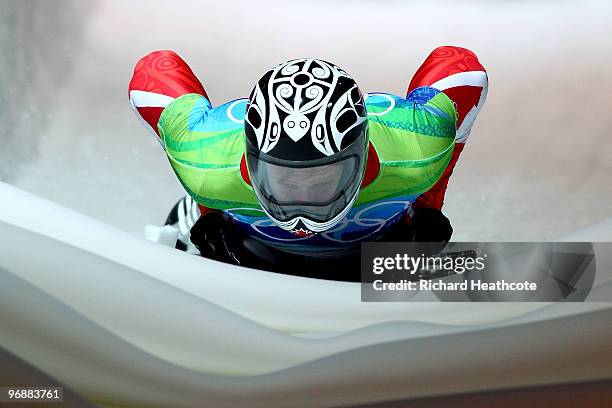 Jon Montgomery of Canada competes in the men's skeleton fourth heat on day 8 of the 2010 Vancouver Winter Olympics at the Whistler Sliding Centre on...