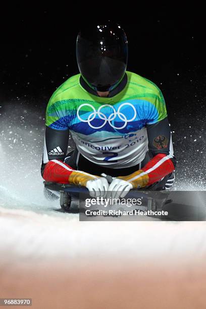 Frank Rommel of Germany competes in the men's skeleton fourth heat on day 8 of the 2010 Vancouver Winter Olympics at the Whistler Sliding Centre on...