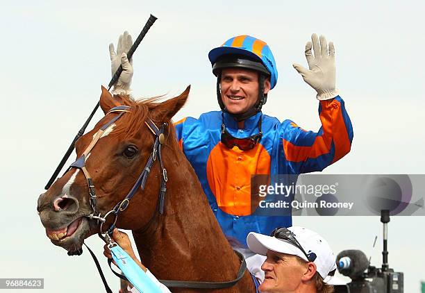 Danny Nikolic riding Starspangledbanner returns to scale after winning the Sportingbet Oakleigh Plate during the Arrowfield Stud Blue Diamond Stakes...