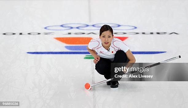 Anna Ohmiya of Japan looks on during the Women's Curling Round Robin match between Great Britain and Japan on day 8 of the Vancouver 2010 Winter...