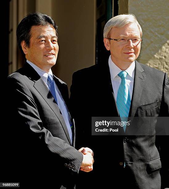 Japan's Minister For Foreign Affairs Katsuya Okada shakes hands with Australian Prime Minister Kevin Rudd at Kirribilli House on February 20, 2010 in...