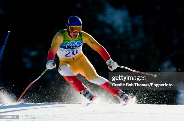 Erik Guay of Canada competes in the men's alpine skiing Super-G on day 8 of the Vancouver 2010 Winter Olympics at Whistler Creekside on February 19,...